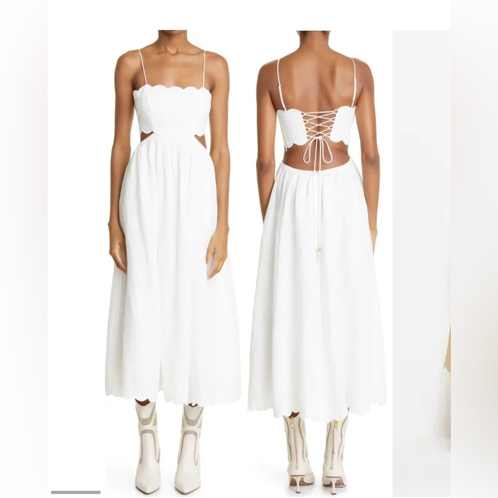 $695 Zimmermann Jude Lace-Up & Scallop-Trim Midi-Dress size6